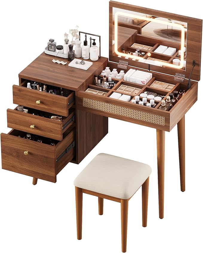 Merax 39" Retro Bohemian Style Vanity Desk, Makeup with Mirror & LED Lights, 3 Drawers & 10 Compartments Storage Dressing Table with Flip-Top Tabletop, Walnut