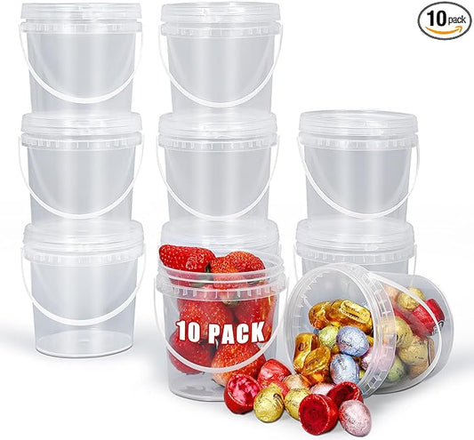 ASEVAT 16 oz 10 Pack Airtight Clear Plastic Bucket with Lid, Ice Buckets for Parties, Reusable Ice Cream cup with Handle, Food Storage Container, Food Grade Freezer and Microwave Safe for Sauce, Soup