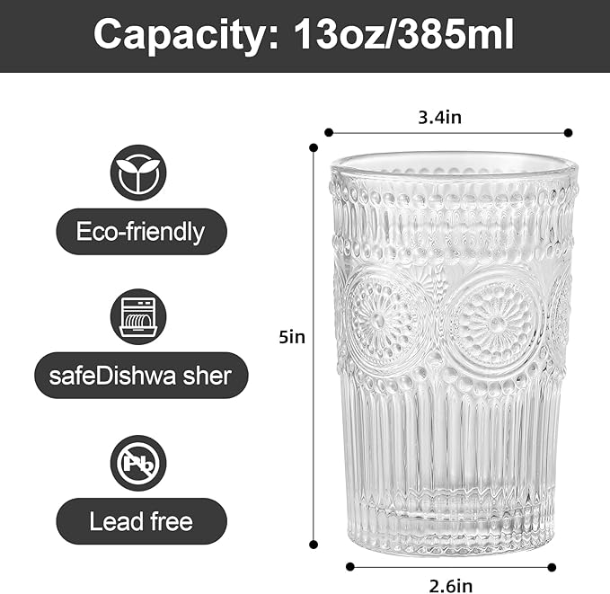 Vintage Glassware Drinking Glasses Set of 6,13 oz Clear Textured Flower Design Glass Water Tumblers，Embossed Striped Drinkware for Water,Cocktails,Juice,Iced Coffee