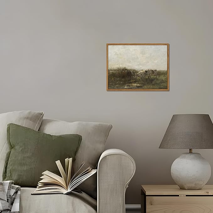 Floating Framed Landscape Canvas Wall Art, French Vintage Natural Country Cows Pictures Wall Decor Artwork, Farmhouse Oil Paintings Prints for Living Room Bedroom Home Decoration 8x10 inch