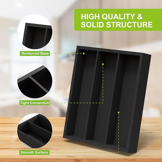 Bamboo Utensil Drawer Organizer, Silverware Tray Organizer, Kitchen Drawer Organizer for Flatware Cutlery (Black, 3 Slots)