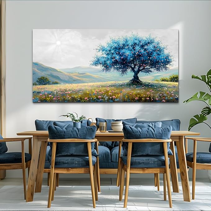 FUHAIHUA Canvas Wall Art For Living Room Large Wall Decor For Office Bedroom Decorations Pastoral Landscape Pictures Blue Tree Painting Artwork Modern Room Wall Mural Aesthetic Home Decor 30x60 In
