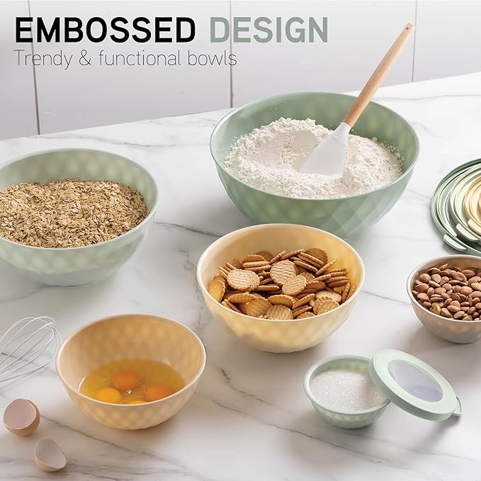 COOK WITH COLOR Mixing Bowls with Lids - 12 Piece Plastic Nesting Bowls Set includes 6 Prep Bowls and 6 Lids, Diamond Design - Microwave Safe (Mint)