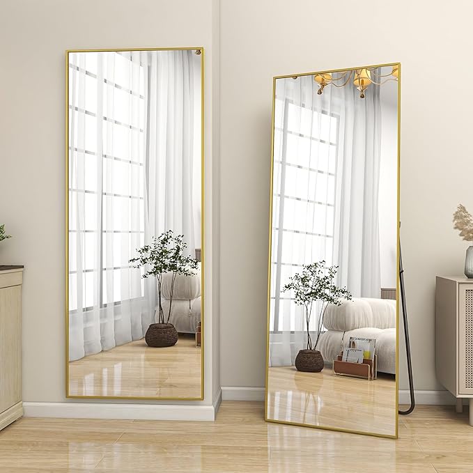 BEAUTYPEAK Gold Full Length Mirror, 58"x18" Standing Hanging or Leaning Against Wall Floor Mirrors Body Dressing Wall-Mounted for Living Room, Bedroom with Aluminum Alloy Thin Frame