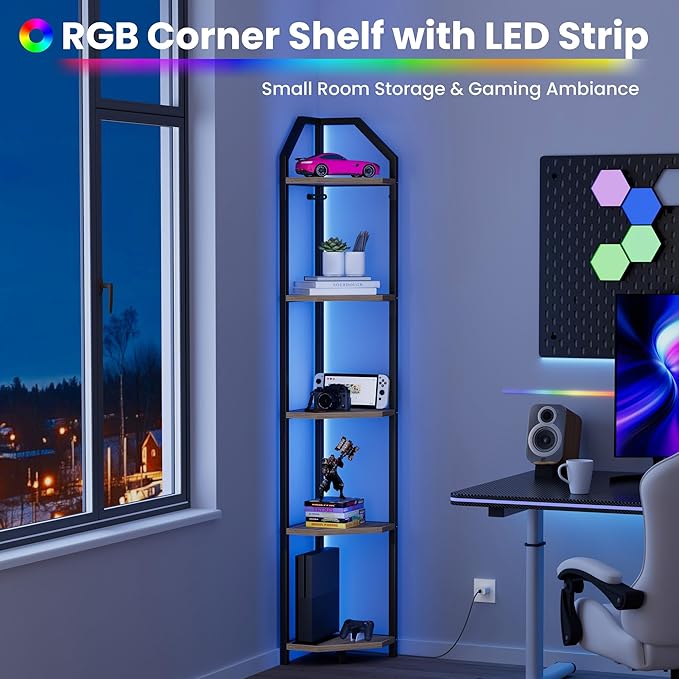 70 Inch Corner Shelf with LED Lights, 5-Tier Corner Bookshelf for Small Spaces, Wood & Metal Storage Rack for Bedroom, Living Room, Office - Modern Space Saving Design-Grey