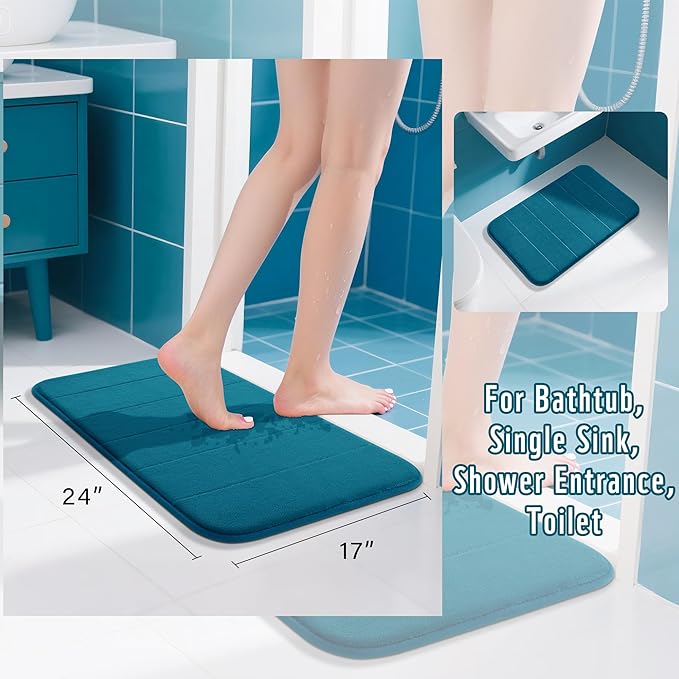 Yimobra Memory Foam Bath Mat, Super Soft Absorbent Bathroom Rug Non Slip 24x17 Inch, Quick Dry, Machine Washable Floor Carpet for Tub Shower, Home Decor Accessories, Peacock Blue