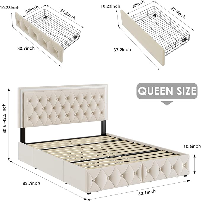 Keyluv Queen Upholstered LED Bed Frame with 4 Drawers, Velvet Platform Storage Bed with Adjustable Button Tufted Headboard and Solid Wooden Slats Support, No Box Spring Needed, Beige