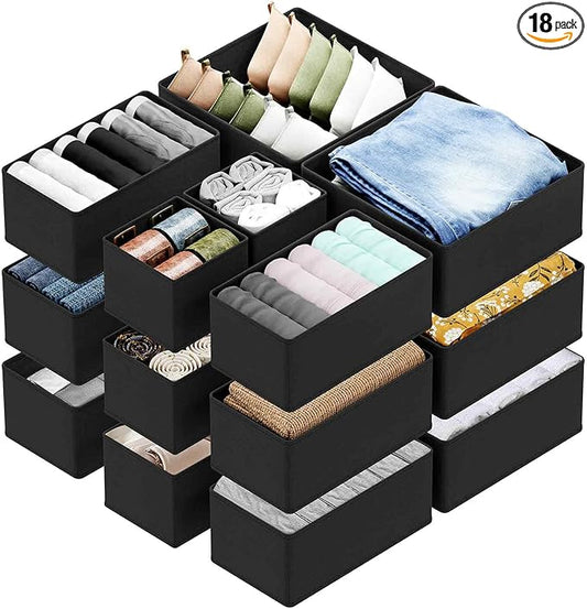 SpaceAid Drawer Organizer for Clothes, 18 Pack Dresser Drawer Organizer Bins, Closet Organizers and Storage Dividers for Clothing, Underwears, Socks (Black)