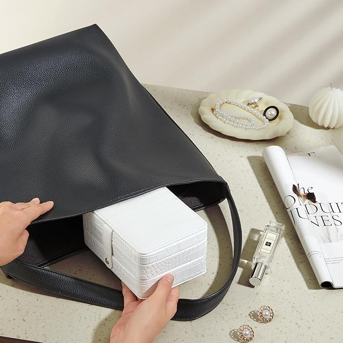 PU Leather Small Jewelry Box for Women Girls, Double Layers Travel Portable Jewelry Case for Ring, Pendant, Earring, Necklace, Bracelet Organizer Storage Holder Boxes, White