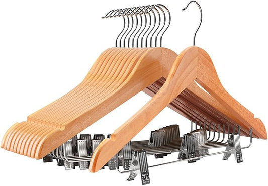 Wooden Hangers with Clips 12 PCS Pants Hangers with Clips,Smooth Solid Wooden Pants Hanger,360 Swivel Hooks & Adjustable Clips,for Jeans,Skirt,Suit,Shorts,Scarf