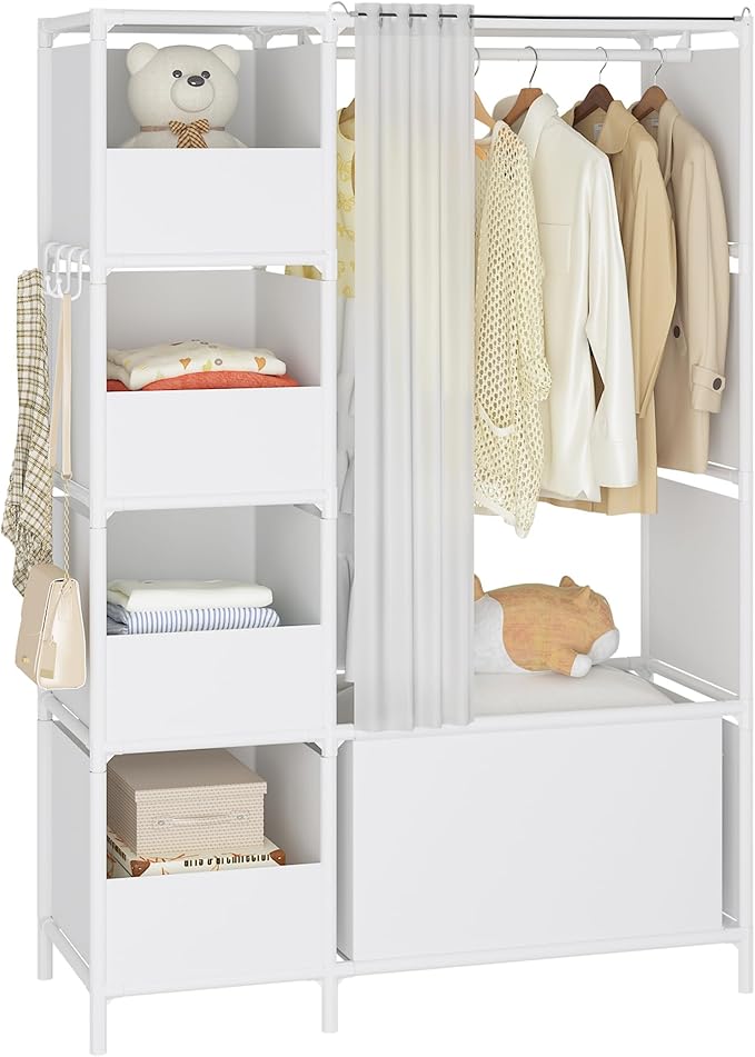 MOYIPIN Portable Closet，Free Standing Wardrobe Closet with Hanging Rod and Curtain，Clothes Storage Organizer, for Cloakroom, Bedroom，40.55 x 16.73 x 65.35Inches，White