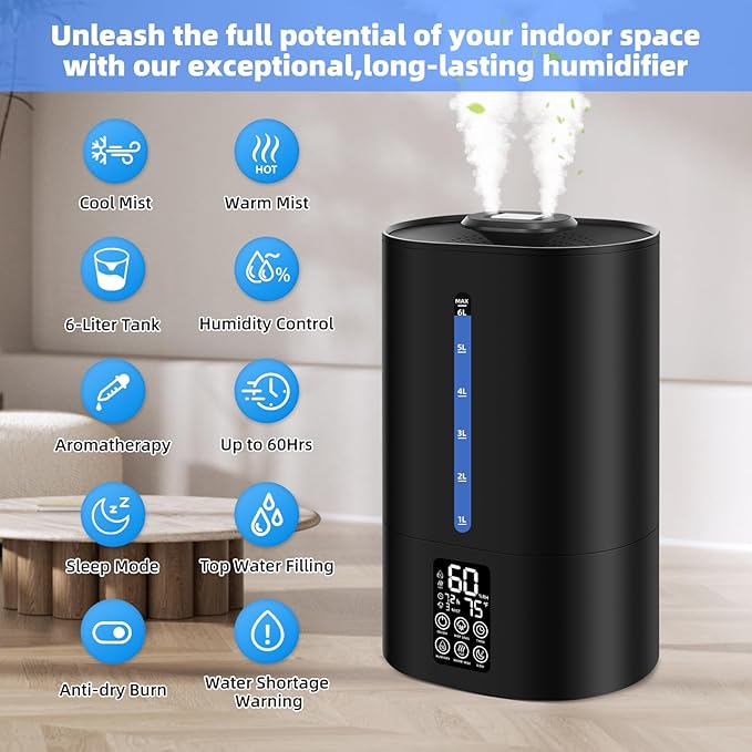 6L Humidifiers for Bedroom Large Room Home, Cool and Warm Humidifier for Plants Mist Top Fill Desk Humidifier Essential Oil Diffuser, Quiet Humidifiers with Adjustable Mist,360°Nozzle-Midnight Black