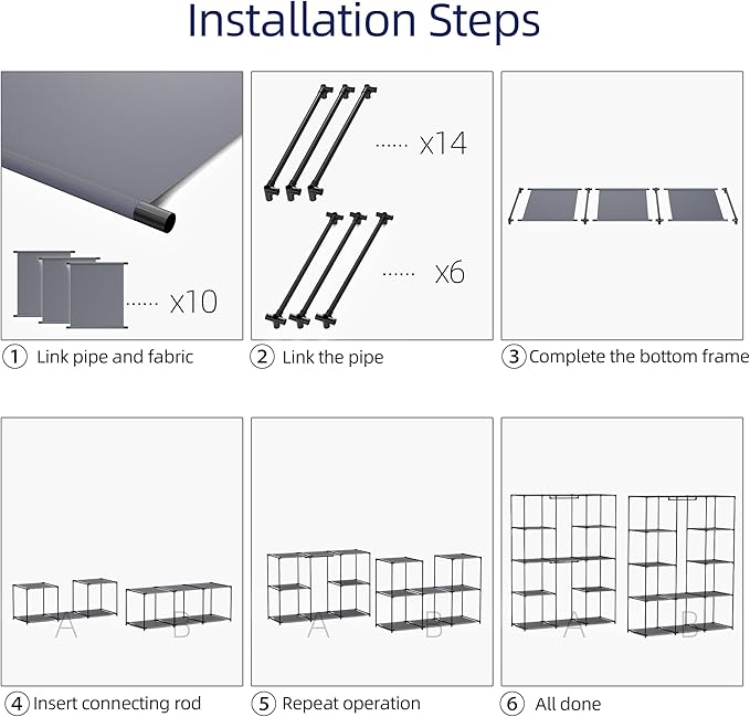 Portable Closet, Wardrobe Closet with 10 Storage Shelves and 2 Hanging Rods, Non-Woven Fabric Cover, 52.4 x 18.1 x 66.6 Inches Closet Organizer for Bedroom, Gray