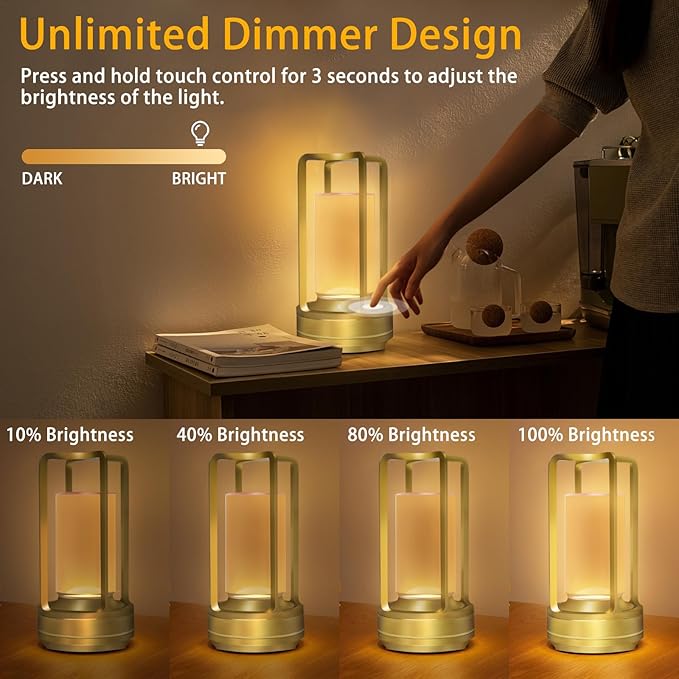 Portable Cordless Table Lamp, 4000mAh Lumisom Klarako Crystal Lantern, Rechargeable Metal Table Lamp, 3 Colors Stepless Dimming Touch, Table Light for Restaurant/Bedroom/Bars/Outdoor Party/Camping