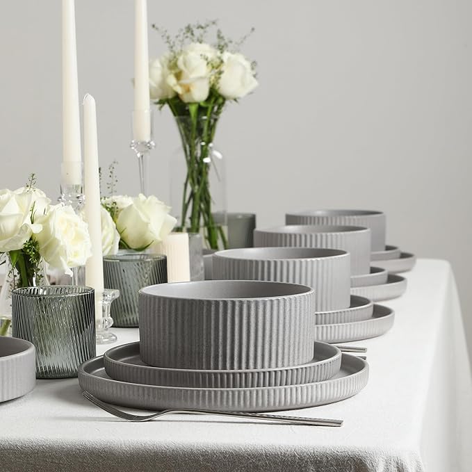 Stone Lain Haven Stoneware 12-Piece Dinnerware Set, Grey - Plates and Bowls Sets for 4, Elegant Dish Set, Includes Dinner Plates, Salad Plates Cereal Bowls, Microwave & Dishwasher Safe