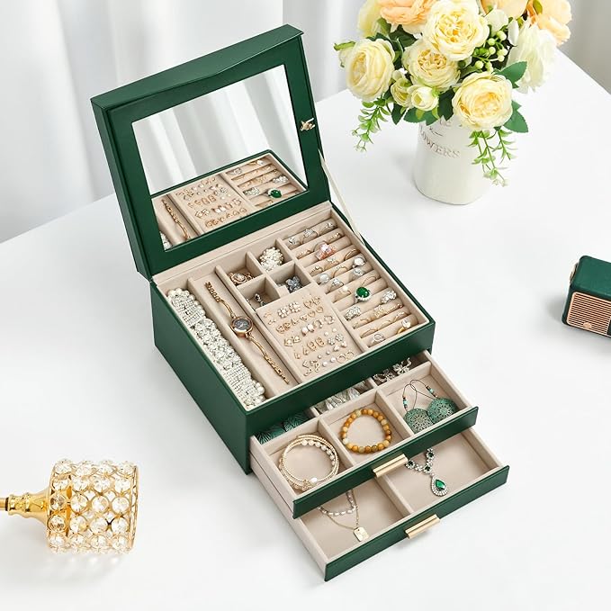 Amearea Jewelry Box Organizer for Women Girls with Mirror, 3-Layer Large Jewelry Storage Case, Synthetic Leather Jewelry Holder Organizer with Removable Tray for Necklaces Earrings Rings, Green