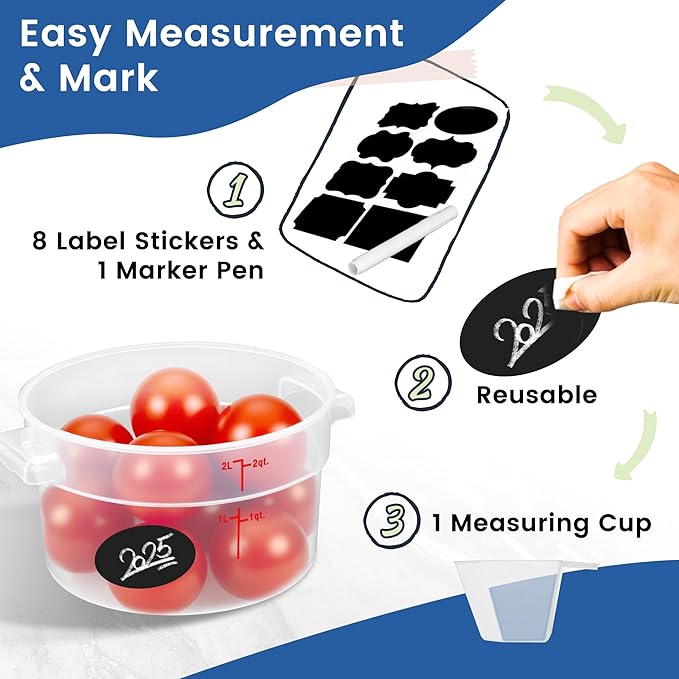 4 Pack 2QT Round Food Storage Containers with Lids, BPA-Free Polypropylene NSF Commercial Food Container, with Labels & Measuring Cup