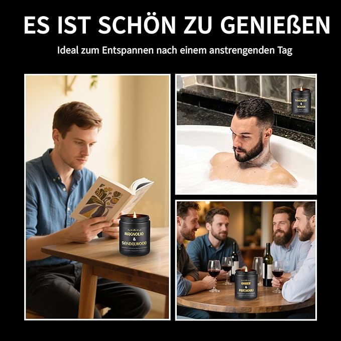 Scented Candles for Men, 4 Pack Mens Candle Gift Set, Relaxation Candles for Home Scented, 28oz Soy Wax Aromatherapy Candles of Lavender/Patchouli/Sandalwood/Smoke & Vanilla