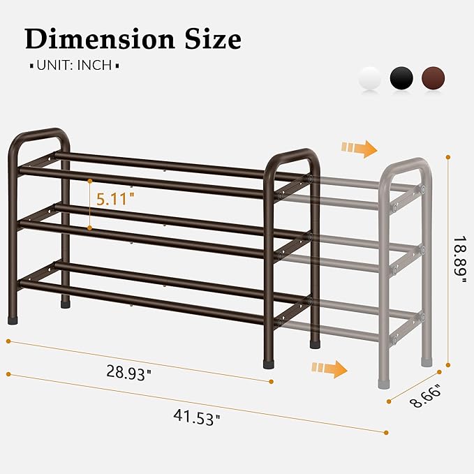 3 Tier Shoe Organizer, Shoe Rack for Closet, 28“ Metal Shelf Can Expandable to 42“, for Bedroom, Entryway, Closet, Garage, Adjustable to 18 Pairs Shoes, Brown