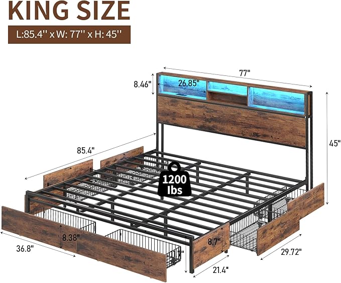 King Size Bed Frame with LED Headboard & Charging Ports, Rustic Wood Platform King Bed Frame with 6 Storage Drawers and Display Shelf, Heavy-Duty Metal Frame, No Box Spring Needed, Brown