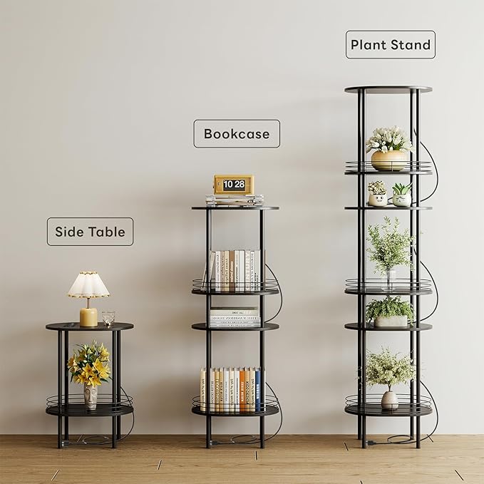 Small Round Side Table with Charging Station,Bedside Table with 2 USB Ports and Outlets, Morden Round Nightstand, Samll Side Table for Living Room,Bedroom, Nursery, Laundry, Black