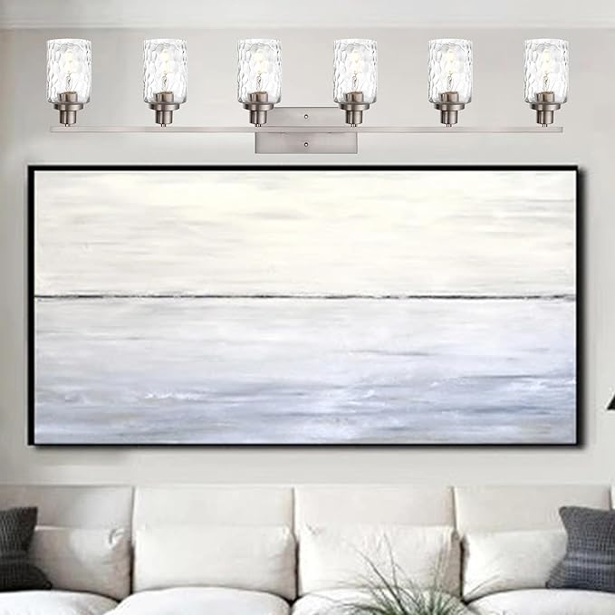 MELUCEE 6-Light Bathroom Vanity Light Brushed Nickel Finish with Clear Hammered Glass Shade, Industrial Wall Light Fixtures for Bath Mirror Bedroom Dressing Table (Patent No.: US D963914 S)