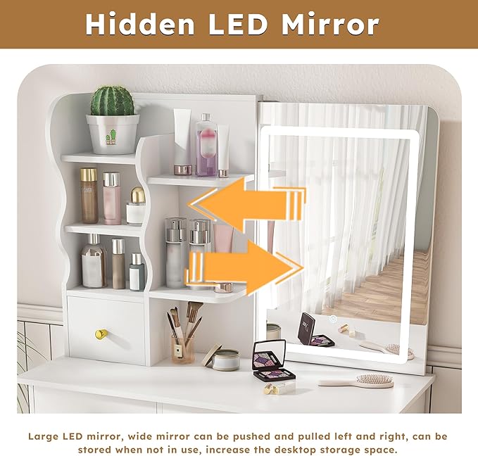 Casaphoria White Makeup Vanity Desk with Hidden Mirror, 31.5 Inch Dressing Table with 5 Drawers, 3 Color Adjustable LED Lights, No Stool Included