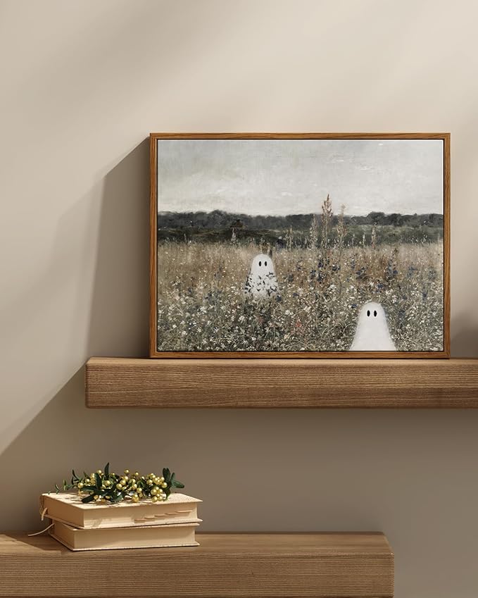 InSimSea Framed Canvas Prints Art Ghost Decor, Vintage Halloween Meadow with Flowers Painting, Spooky Gothic Decor, Rustic Landscape Pictures for Living Room, 12x16inch