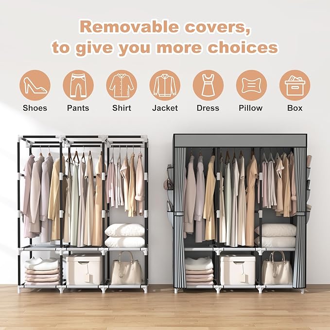 VTRIN Portable Closet Wardrobe for Hanging Clothes Closet with Cover, 3 Hanging rods, 6 Storage Shelves and Side Pocket, Diameter 19mm Metal Pipe, Sturdy Free Standing Closet for Bedroom