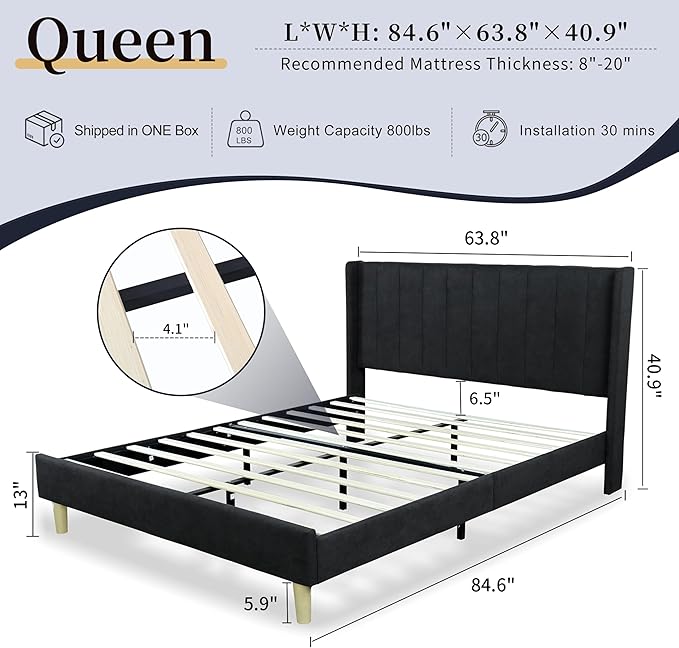 Queen Size Upholstered Platform Bed Frame with Modern Wingback & Vertical Panel Headboard, Linen Fabric, Wooden Legs & Slats Support, No Box Spring Needed, Noise-Free & Easy Assembly, Black