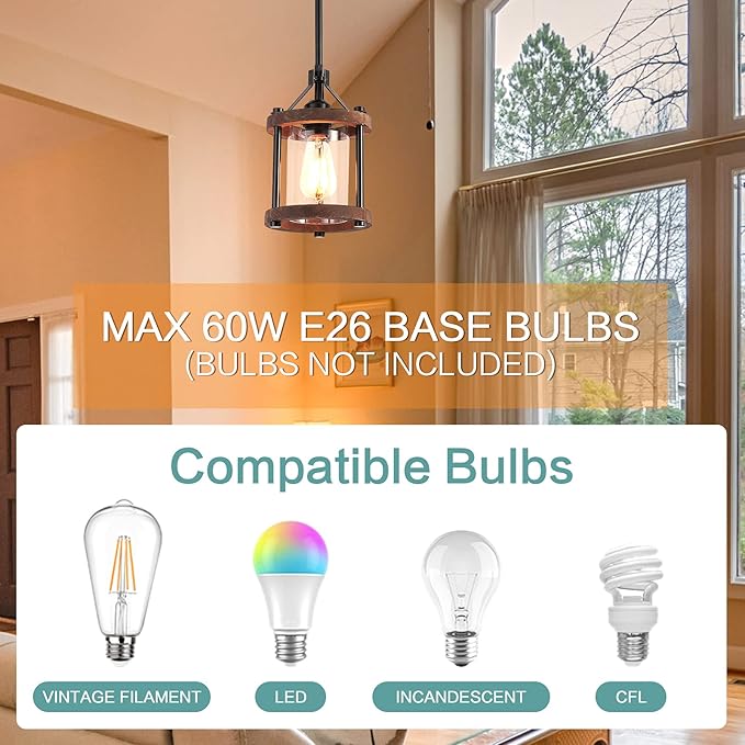 SGLfarmty Farmhouse Pendent Lights for Kitchen Island, Rustic Black and Wood Light Fixtures with Glass, Bronze Pendant Lamps Over Table, Chain Hanging Light for Dining Room, Sink, Bar, 1 Pack