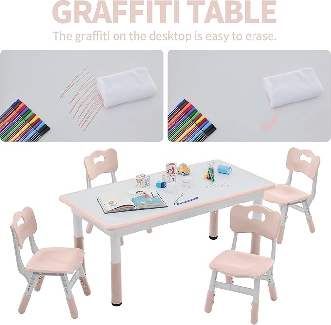 Toddler Table and Chairs Set for 4, 47.2''L x 23.6''W Kids Study Table and Chair Set, Height-Adjustable, Graffiti Desktop, Children Activity Table for Daycare, Classroom, Home