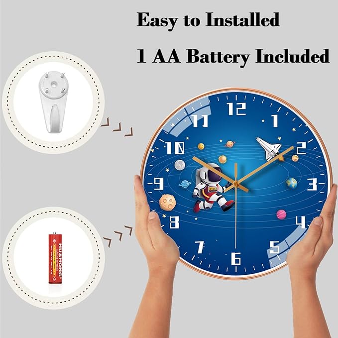 12 Inch Silent Movement Kids Wall Clock, Non Ticking Children Round Wall Clock Battery Operated Space Travel Style Decor Children Clock for Home School Boys Bedroom Living Room (Blue-2)