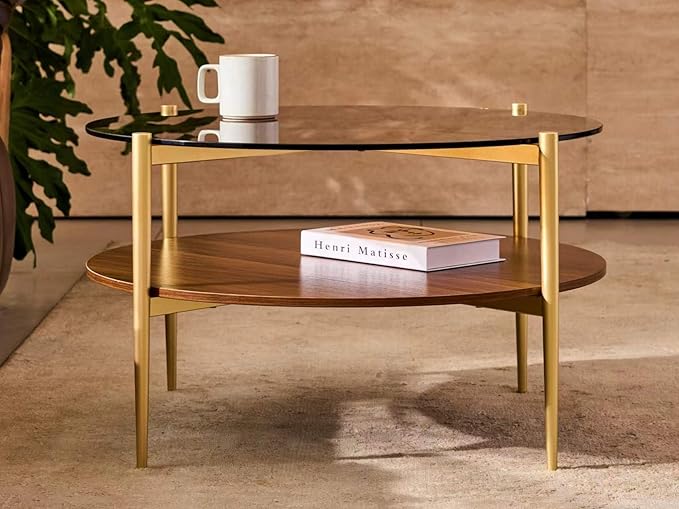 Shrine Round Glass Coffee Table, Mid-Century Modern Design, D30 x H17 in, 2-Tier Structure, Amber Glass Top and Walnut MDF Shelf, Sleek Conical Metal Legs with Gold Finish