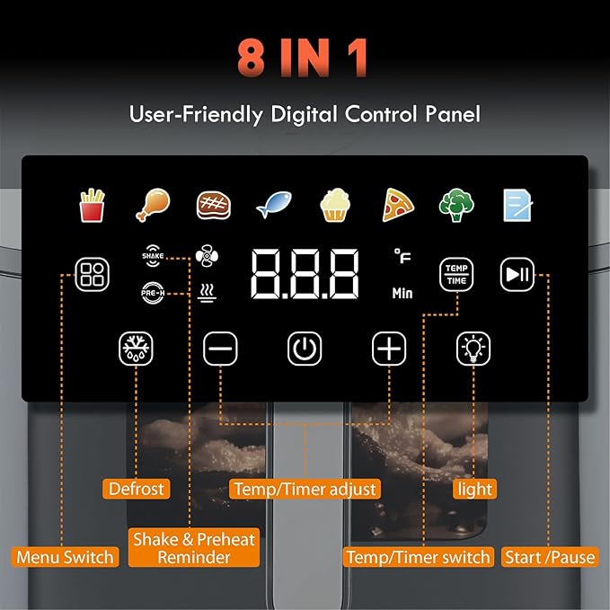 Air Fryer 8 in 1, XL 8.5 QT Large Airfryer with View Windows,MAX 450℉ for Crispy, 85% Less Oil, Fast Roast, Preheat, Shake, Bake, Non-Stick Basket for Easy Clean, With Professional Recipes