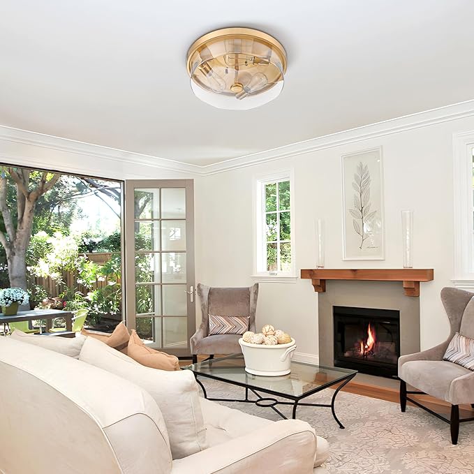 Gold Flush Mount Ceiling Light, 3-Light Hallway Light Fixtures, Modern Farmhouse Farmhouse Ceiling Light Clear Glass Brushed Gold Finish for Kitchen Porch Entryway