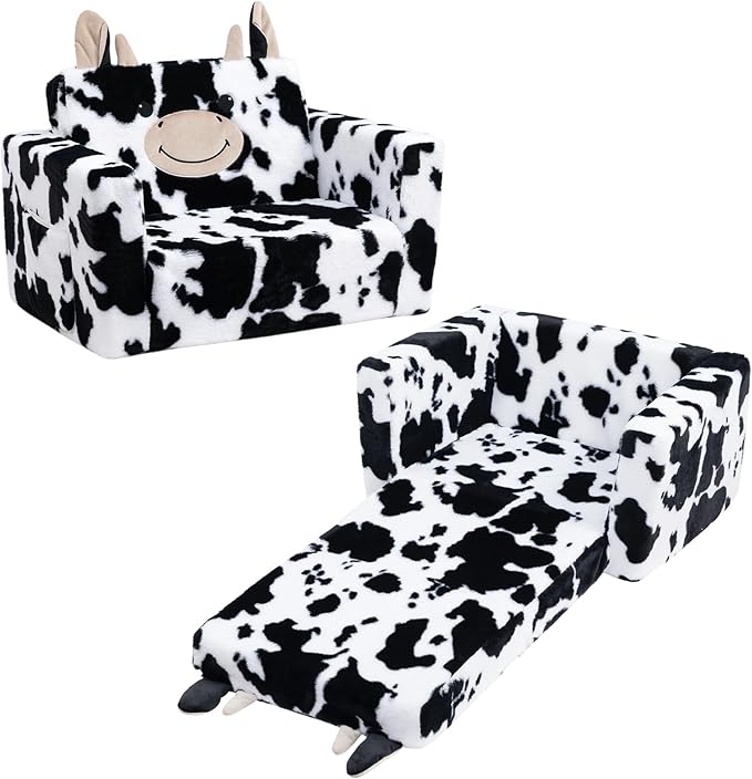 ALIMORDEN Fold Out Toddler Couch, Comfy 2-in-1 Cuddly Sherpa Bear Chair for Kids, Convertible Sofa to Lounger, Kids Cozy Corner Play Couch for Boys and Girls, Cow