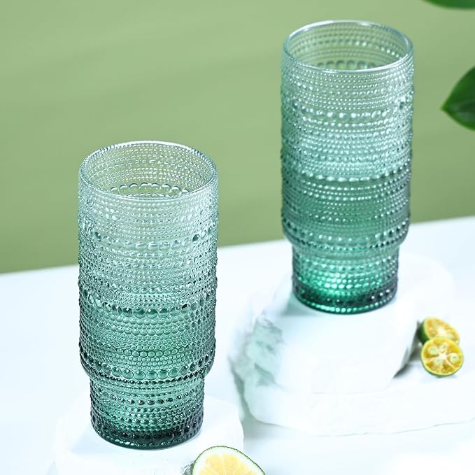 6pcs Hobnail Drinking Glasses Set, 16 oz Vintage Glassware Drinking Glasses, Gradual Dark Green Water Glasses Tumbler, Cups for Kitchen, Juice, Beer, Cocktail, Whiskey