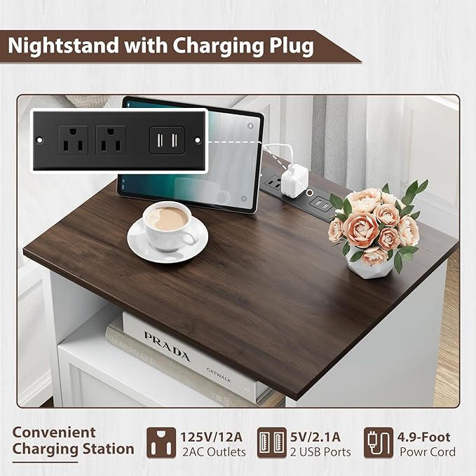 Set of 2 Farmhouse Nightstands with Charging Station, End Tables with 2 Drawers Storage, Space-Saving Wood Storage Cabinets with Unique Base Design, Bedside Tables for Bedroom, Living Room, White