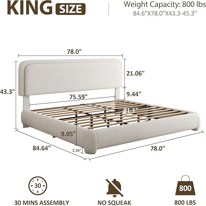 King Bed Frame, Teddy Velvet Boucle Bed Frame with 43.3"/45.3" Adjustable Upholstered Headboard, Rounded Corners, Mattress Foundation, No Box Spring Required, White