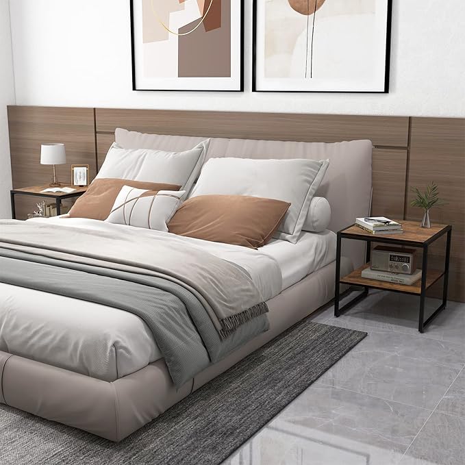 GOFLAME Square End Table Set of 2, 2-Tier Sofa Side Table with Open Shelf, Metal Frame, Industrial Tea Table, Compact Nightstand for Small Space, Bedside Table for Living Room, Bedroom, Rustic Brown