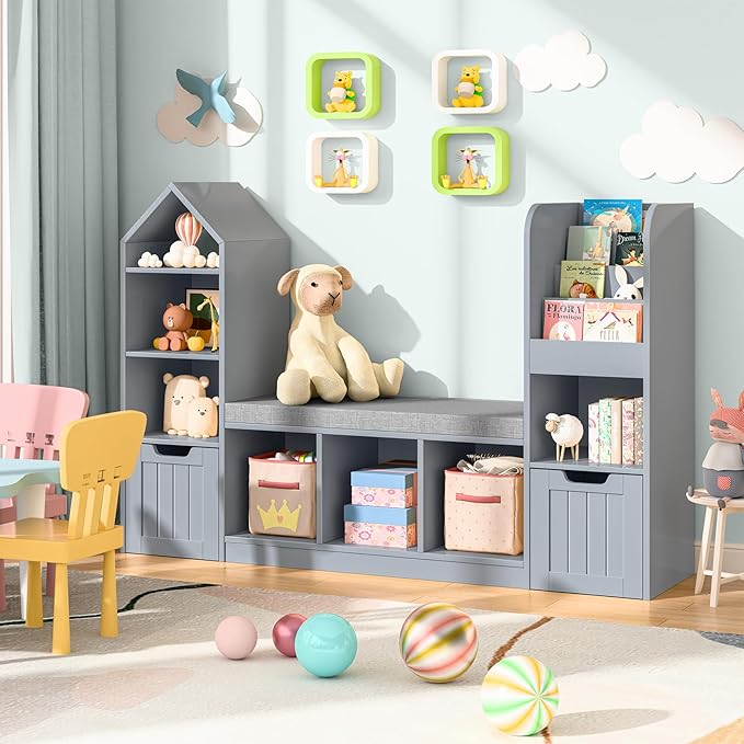 Kids Bookcase and Bookshelf with Reading Nook, Toy Storage Organizer for Kids, Grey Bookcase with 7 Storage Cubbies 2 Movable Drawers and Seat Cushion for Kids Room, Playroom, Bedroom