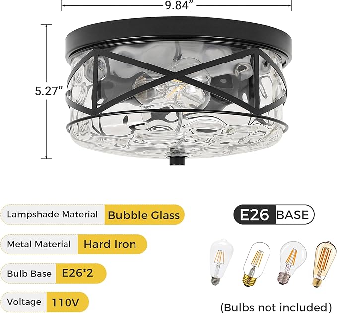 LamQee 9.8" Small Flush Mount Ceiling Light With Clear Hammered Glass, Black Hallway Light Fixtures Ceiling Mount for Bathroom, 2-Lights Farmhouse Close To Ceiling Light Kitchen Foyer Entryway Bedroom