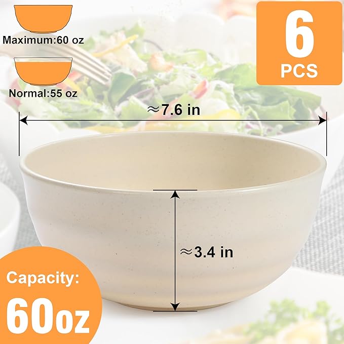6PCS 60 Oz Wheat Straw Bowls, Must-have for Kitchen, Heat and Cold Resistant&Microwave and Dishwasher Safe Colorful Wheat Straw Bowls Series, Meeting Diverse Needs of Dorm, Apartment and Home