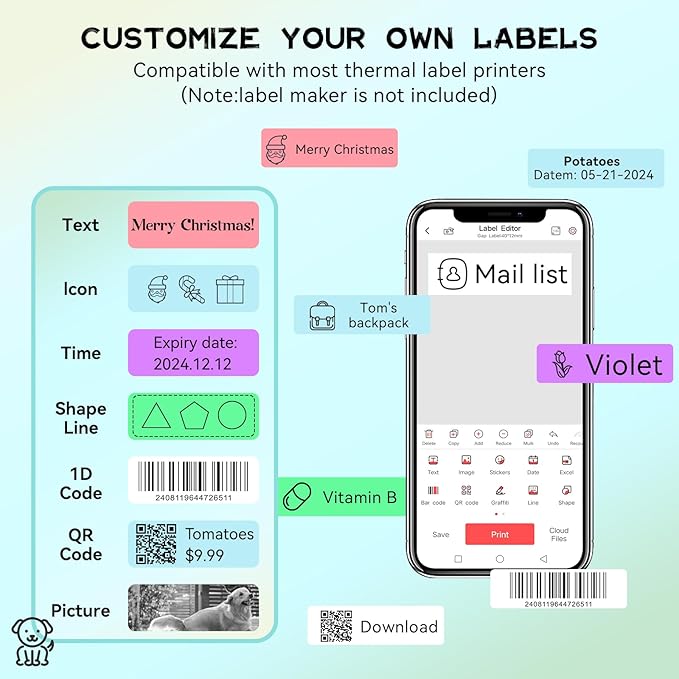 Label Maker Tape Refill 12mm 0.47, Standard Laminated Thermal Label Tape Replacement, 0.47"×1.57"(12×40mm) 1650 Labels/10Rolls/Pack, High Definition Labeling Tape for Home Office School Hotel