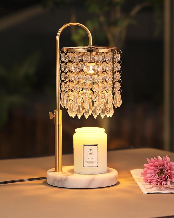 Minimalist Crystal Candle Warmer with Timer Dimmer and 3 Bulbs, Adjustable Height Marble Base for Jar Candles, Ideal House Warming Gift