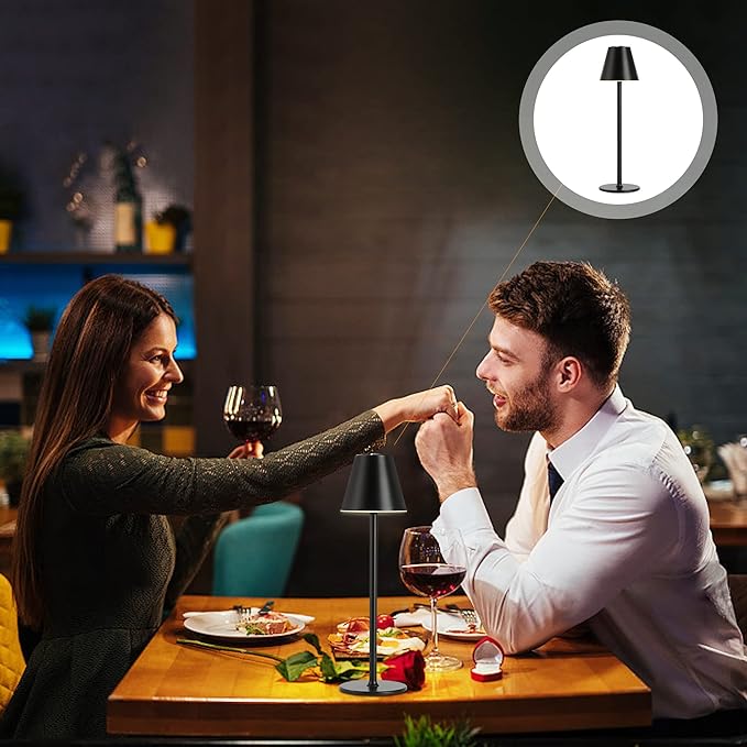 Modern LED Cordless Table Lamp, 4000mAh Rechargeable Battery, 3 Level Brightness Night Light, Metal Shell, Minimalist Design, for Couples Dinner/Coffee Table/Restaurant/Bedroom, Black