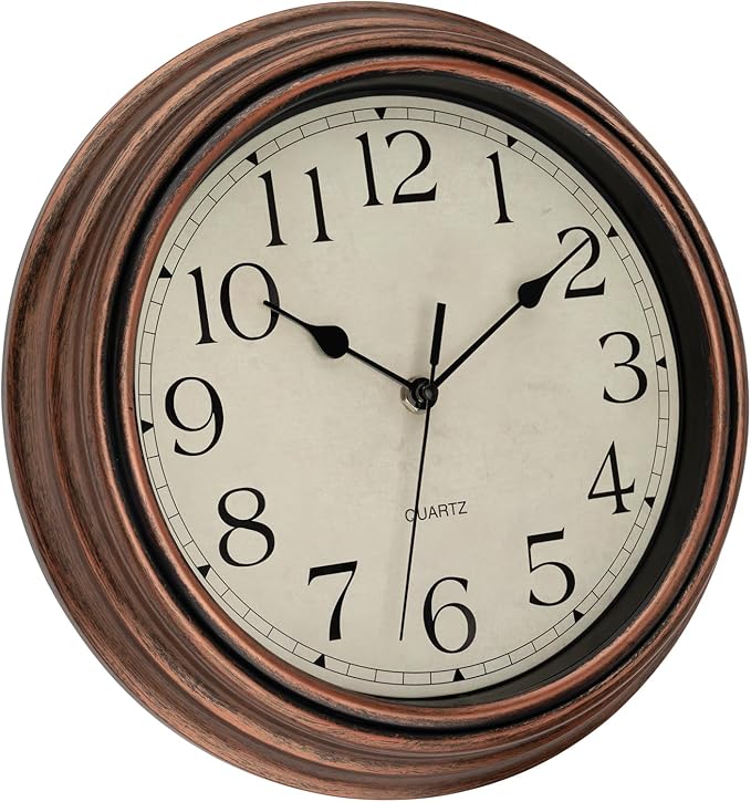 Foxtop Vintage Copper Wall Clock 12 Inch Silent Non Ticking Battery Operated Quartz Round Retro Wall Clock Decorative for Kitchen Bedroom Living Room Office Classroom