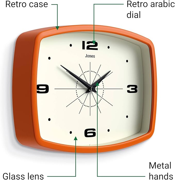 JONES CLOCKS® Movie Wall Clock | Rectangular Retro Clock | 10 inch | Orange | Cool mid-Century Designer Look for Kitchen, Living Room or Office