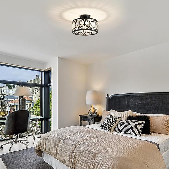 Crystal Black Ceiling Light, Modern Semi Flush Mount Ceiling Lighting Fixture, Round Hallway Lighting Fixtures for Kitchen Entryway Bedroom Laundry Room, 1-Light, 11.4 Inch